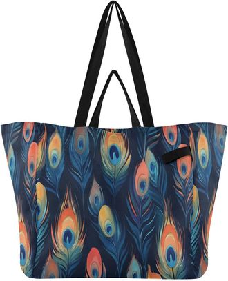Generic Peacock Blue pattern Reusable Canvas Tote Bag, Heavy Duty Grocery Shopping Bag with Hard Bottom Double Handles Large Capacity Work Groceries Travel