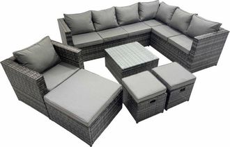 Fimous Fimous Outdoor PE Rattan Garden Furniture Sofa Set with Square Coffee Table Chair 3 Stools Dark Grey