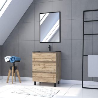Aurlane Pack Mueble De Ba&ntilde;o 60cm Con Patas 3 Cajones Roble + Lavabo Negro + Espejo