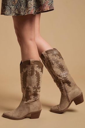 Oasis Womens Jessie Faux Suede & Leather Western Cowboy Calf Boots - Beige - Size UK 3