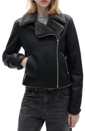 Mango Faux Shearling & Faux Leather Moto Jacket in Black at Nordstrom Rack, Size Xx-Small