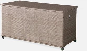 Sweeek Baule da giardino in resina intrecciata con rotelle e fodera interna, 790L