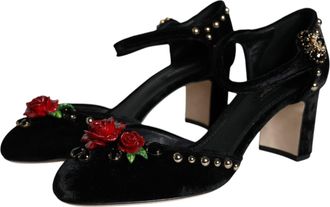 Dolce & Gabbana Womens Black Velvet Roses Ankle Strap Pumps Shoes Viscose Silk