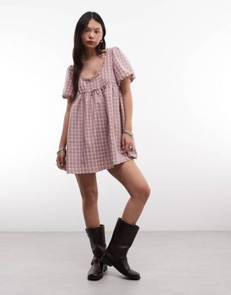 Daisy Street Vestito grembiule corto con scollo squadrato a quadri multicolore