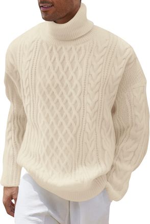 Generic Mens Jumper Cable Knit Sweater Long Sleeve Ribbed High Neck Winter Pullover Thick Knitwear Mens Cotton Jumper Crew Neck Beige