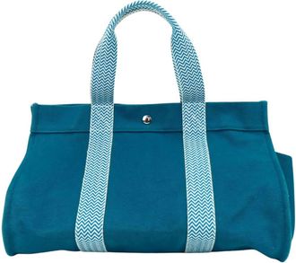 Herm&egrave;s Blue Green Cotton Canvas Pouch Tote Bag (Pre-Owned)