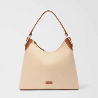 Furla Clarissa Borsa A Spalla L Naturale+cognac H Beige Tessuto Di Canvas + Pelle Di Vitello Sidney Donna