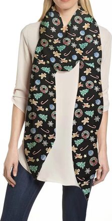 Lina & Lily Christmas Holiday Print Womens Scarf Shawl Wrap Lightweight (Black, Xmas Gingerbread Man Reindeer)