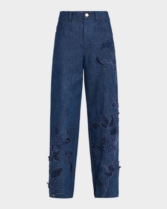 Oscar De La Renta Porcelain Flowers Embroidered Denim Straight-Leg Jeans