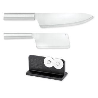 Rada Cutlery 8.5-Inch French Chef Knife, 5.25 Inch Chefs Dicer Knife, Silver Handles & Quick Edge Knife Sharpener