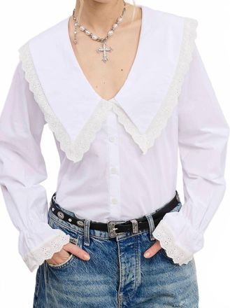 Mimosa Bib Collar Blouse With Lace Trim In White