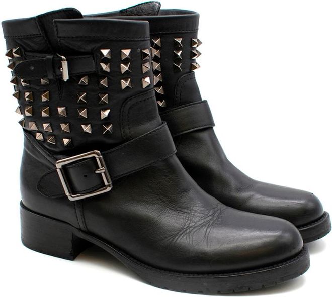 Valentino Black Leather Rockstud Biker Boot Size 37