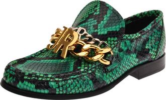 John Richmond Mocassin met ketting en logodetail - Elegantie met een sterk karakter - Heren - Loafers - Groen - 41 EU - Leer - Schoenen