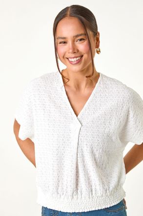 Roman Textured Shirred V-Neck Stretch Top
