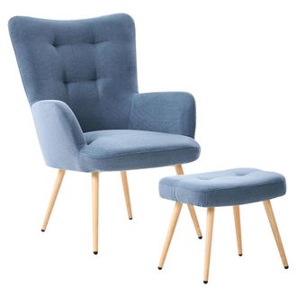 Beliani Sill&oacute;n Orejero Tapizado En Tela De Terciopelo Azul Abotonado Con Reposapi&eacute;s Estilo Retro Vejle