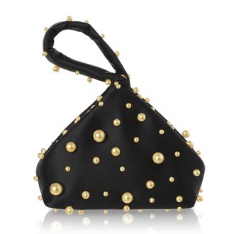 Babeyond Clutch Purses for Women - Satin Evening Bag Triangle Purse Pearl Handbag for Wedding Prom Party, Black With Golden Pearls, One Size