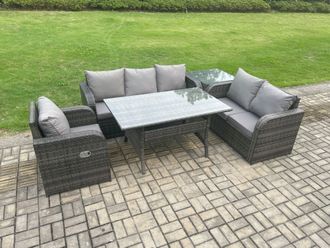 Fimous 6 Seater Garden Rattan Furniture Dining Table Sofa Set Indoor Outdoor with Reclining Chairs Side Table Dark Grey Mixed
