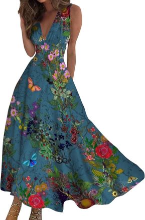 Generic Womens Plus Size Long Dresses Womens Slip Dress Summer 2025 Elegant V Neck Sleeveless Flower Graphic Temperament Elegant Maxi Dress Stylish Flowy Prin