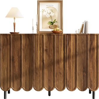 STILVORA Aparador 120&times;35&times;80 Cm Con 2 Puertas Onduladas Sin Tiradores, Estantes Regulables, En Mdf, Nogal