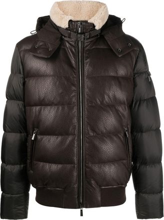 Moorer panelled down-padded jacket - men - Polyamide/Calf Leather/Polyester/Feather Down/Elastane/Polyamide/Viscose - 48 - Brown