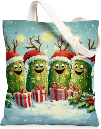 Generic Christmas Pickle Canvas Tote Bags, Fun Holiday Design Reusable Grocery Bags, Lightweight Washable Shoulder Strap Canvas for, Green, 13x15 Inch