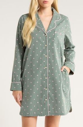 Nordstrom Classic Piped Cotton Nightshirt in Green- Pink Heart Stripe at Nordstrom Rack, Size Small
