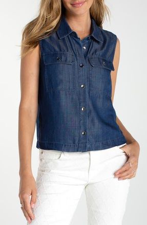 Liverpool L.A. Pocket Sleeveless Crop Denim Shirt in Serene Dark at Nordstrom, Size X-Large