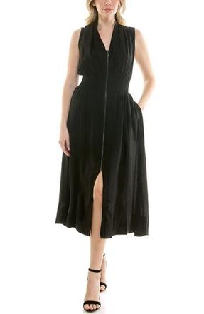 Nicole Miller Smocked Waist Zip Front Midi Dress in Very Black at Nordstrom Rack, Size X-Large