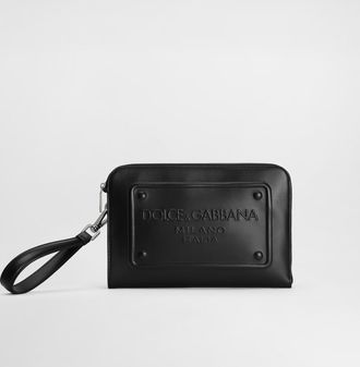 Dolce & Gabbana Small Calfskin Pouch With Raised Logo - Man Briefcase And Clutches Black Leather Onesize