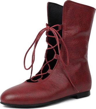 Generic Womens Lace Up Retro Dress Shoes Round Toe PU Leather Short Boots Flat Heel Casual Boots,Burgundy,8.5 UK