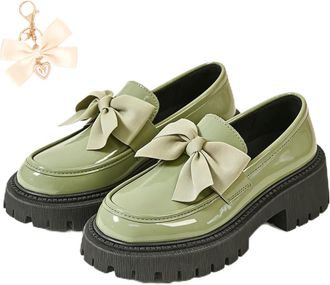 Generic Bowknot Retro Thick-Soled Shoes, 2026 Patent Leather Slip-On Flats Chunky Platform for Office Business Daily Wear (Green, Adult, Women, 4.5, Numeric, 