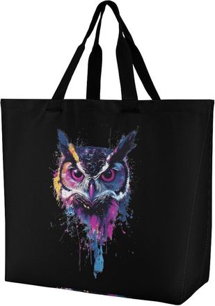 Generic Colorful Owl Watercolor Reusable Shopping Bags Large Capacity Grocery Bag Heavy Duty Tote for Women 40x40x16cm