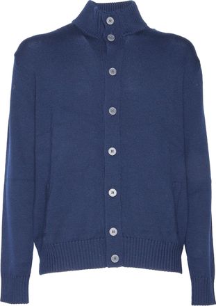 Ballantyne Blue High Collar Ribbed Full-Button Cardigan