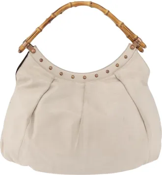 Gucci Vintage Bamboo Shoulder Leather Beige Leather Handbag (Pre-Owned)