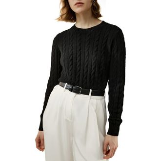 LilySilk Womens Classic Cable Knit Sweater with Ribbed Edges in Black at Nordstrom, Size Small