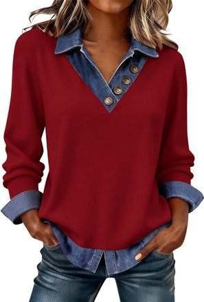 Generic V Neck Jumpers for Women UK, Ladies Jumpers Sweatshirts Long Sleeve Tops Women UK Trendy Denim Patchwork Tunics Blouse Going Out Slim Fit Pullover Shi