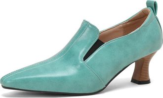 Generic Womens PU Leather Slip On Pumps Pointed Square Toe Elastic Panel Wooden Detail Heel Non Slip Durable Comfortable Daily Casual Shoes,Blue,9.5 UK