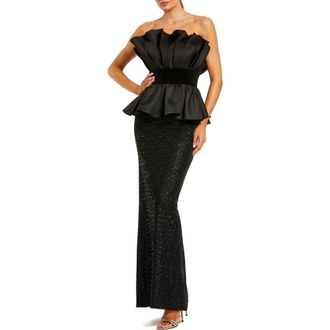 Mac Duggal Strapless Satin Peplum Top With Sequin Skirt Gown in Black at Nordstrom, Size 10