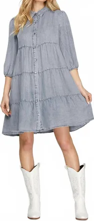 She + Sky Chambray Tiered Button Down Mini Dress In Light Blue