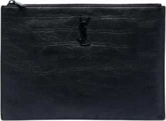 Saint Laurent Pre-owned Croc Embossed Clutch - Dames - Vintage Clutch - Zwart - ONE Size - Leer - Vintage