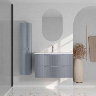 Aurlane Mueble De Ba&ntilde;o 80 Y Columna Gris Rat&oacute;n - Frente Ondulado - Lavabo Blanco