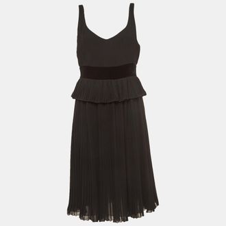 Emporio Armani Black Velvet Trim Crepe Pleated Midi Dress