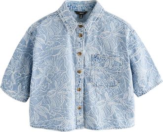 Next Boxy Jacquard Short Sleeve Button-Up Shirt in Blue at Nordstrom, Size 6 Us