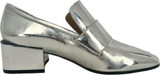 Stuart Weitzman Sawyer Block Heel Loafers in Metallic Silver Patent Leather