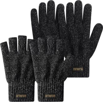 Generic 2 Pairs Mens Winter warm gloves,fleece thickened knitted wool Cold Weather gloves And Fingerless Mittens, Grey, Large