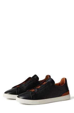 Ermenegildo Zegna Triple Stitch Deerskin Leather Slip-On Sneaker in Black/foliage at Nordstrom, Size 10.5Us