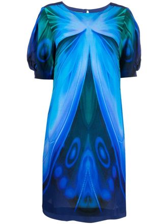 Alberta Ferretti butterfly-print short-sleeve dress - women - Silk/Cupro - 44 - Blue