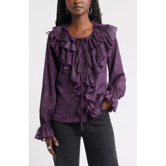 Treasure & Bond Ruffle Neck Chiffon Top in Purple Bramble at Nordstrom Rack, Size Xx-Small