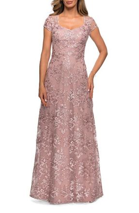 La Femme Cap Sleeve Floral Gown with Sweetheart Neckline in Mauve at Nordstrom, Size 10