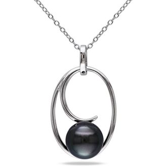Amour 9.5 - 10 Mm Black Tahitian Cultured Pearl Geometric Pendant with Chain In Sterling Silver